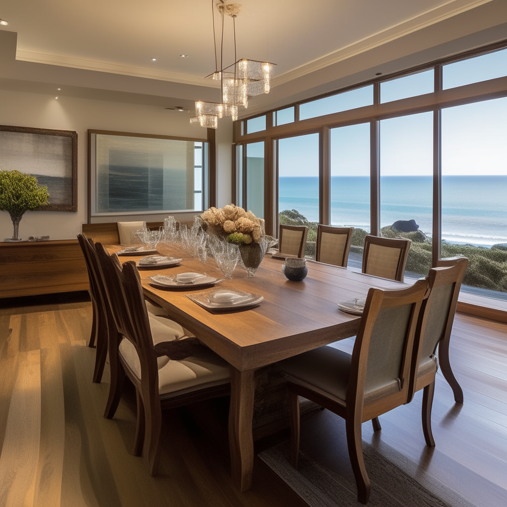 Formal Dining: The formal dining area features a large wooden table with seating for ten. It enjoys unobstructed sea views and is ideal for hosting elegant dinners.
