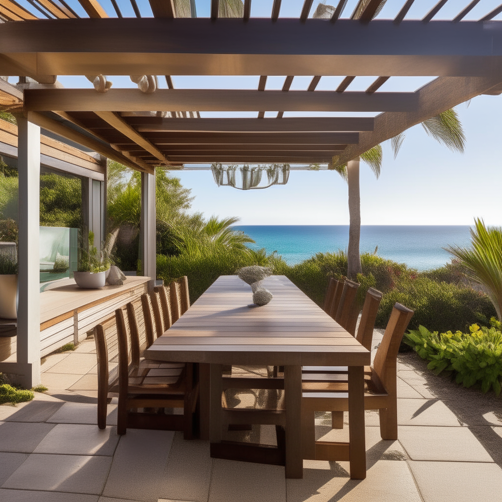 Al Fresco Dining: An outdoor dining area with a barbecue grill and a shaded pergola offers the perfect setting for al fresco dining while enjoying the sea breeze.
