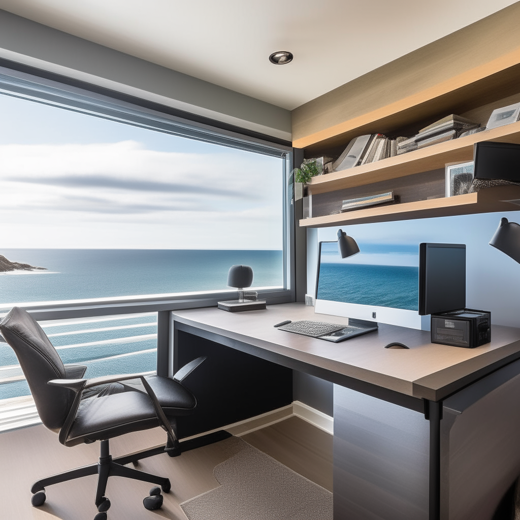 Productivity Space: A home office with a desk, high-speed internet, and sea views allows for productivity while enjoying the scenic backdrop.
