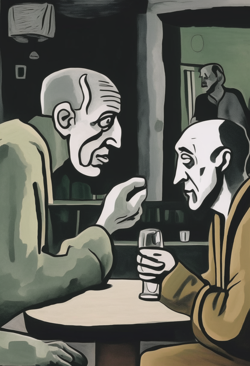 Picasso arguing with man seated in a bar