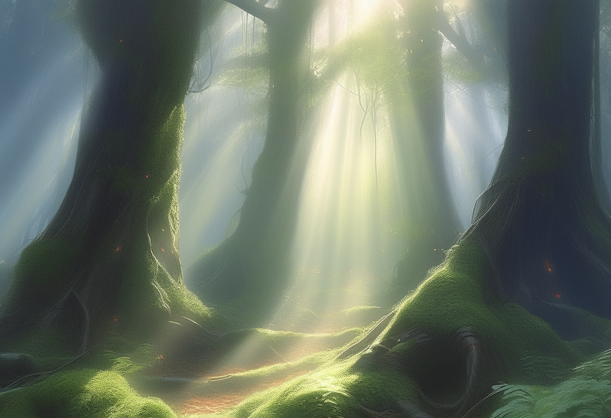 A misty mystical fantasy forest with tall ancient trees and rays of light shining through the canopy onto a mossy forest floor. Digital art painting by Greg Rutkowski and Thomas Kinkade.