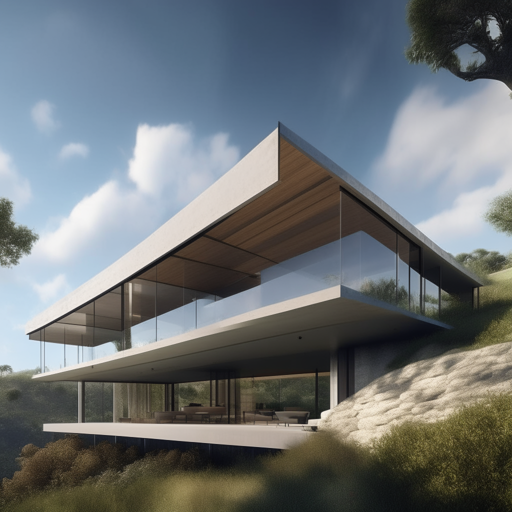 Side Views:

The side views of the villa reveal its linear and open design. The walls feature large expanses of glass, allowing for abundant natural light and offering glimpses of the surrounding landscape.
Architectural elements like cantilevered roofs or overhangs provide shade and visual interest.
A combination of horizontal and vertical lines in the design adds a sense of balance and modernity.