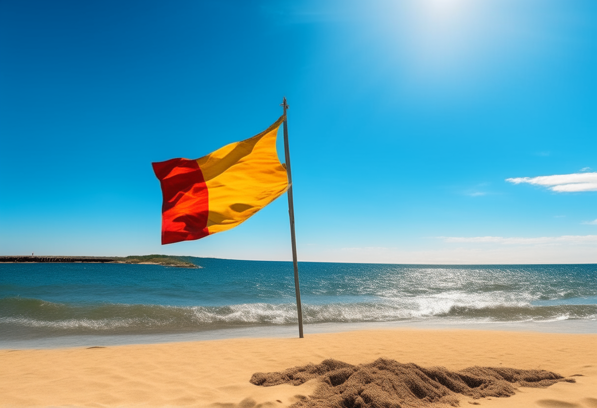 A Catalan flag waving in the breeze on a sandy beach, sunny day with blue sky and sea