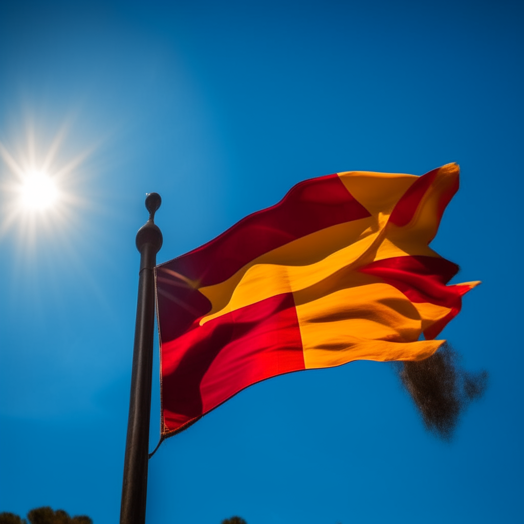 A large Catalan flag waving proudly against a clear blue sky