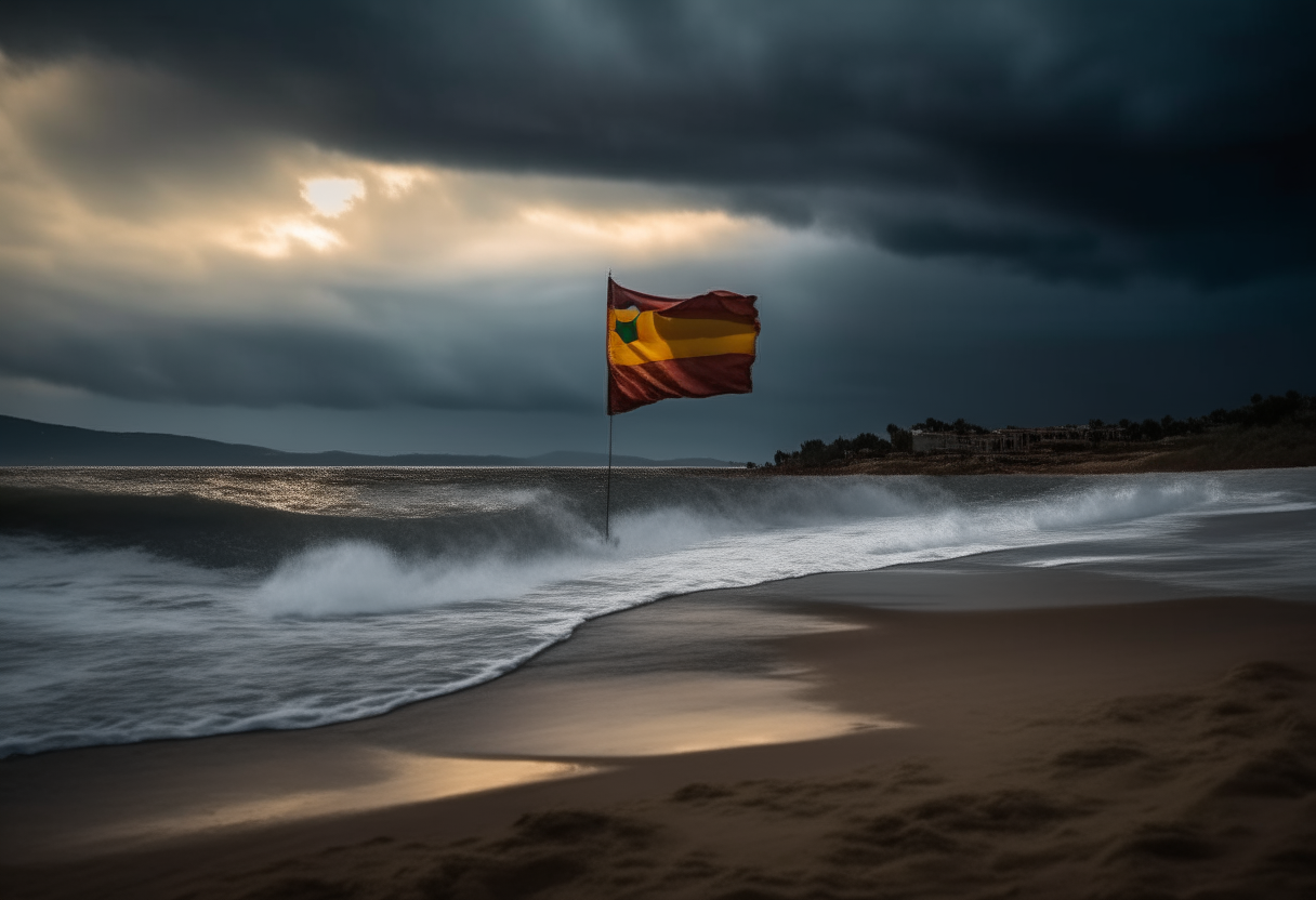 The Catalan flag waving on a beach as dark storm clouds roll in above the crashing waves