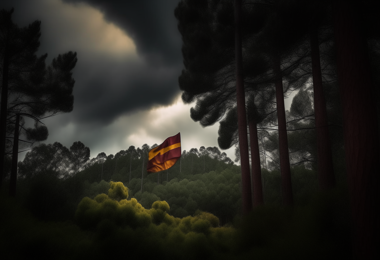 The Catalan flag waving in a dark forest as storm clouds gather above the treetops