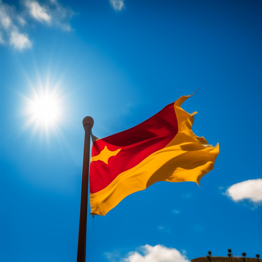 A huge Catalan flag waving proudly against a bright blue sky