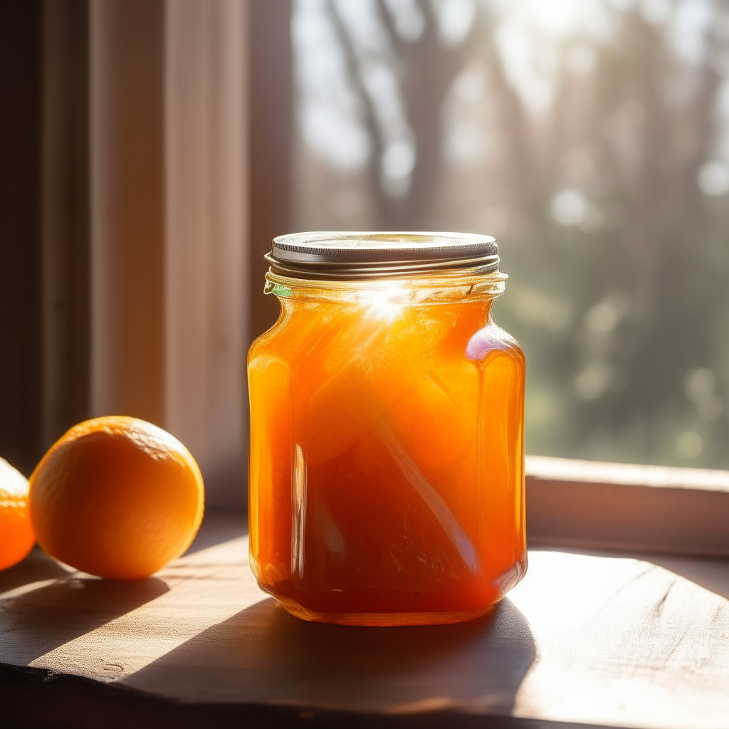 A glass mason jar filled with fresh homemade orange marmalade on a wooden table. Sunlight from a window illuminates the vibrant orange color and chunky texture. A glass mason jar filled with fresh homemade orange marmalade on a wooden table. Bright studio lighting illuminates the vibrant orange color and chunky texture from the side. A glass mason jar filled with fresh homemade orange marmalade on a wooden table. Soft lamp light illuminates the vibrant orange color and chunky texture from the left.