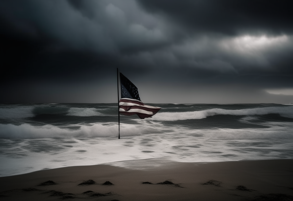 A flag with a star waving in the wind on a beach as dark storm clouds roll in above the crashing waves