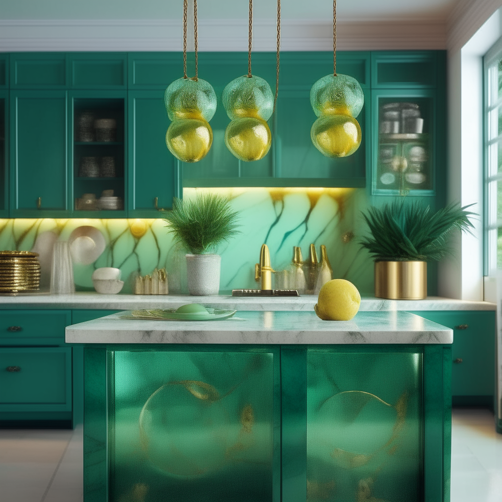 Amidst a vintage-styled teal kitchen, on a polished marble island countertop, Pineapple & Lime Marmalade jars stand majestically. They shimmer under the subtle glow of pendant lights hanging from above, their golden contents reflecting the ambient warmth. With each jar, there's a gentle hint of green – perhaps the essence of lime. Adjacent, a vibrant green lime is half sliced, its fresh juices sparkling, hinting at the zest and tanginess encapsulated within those jars. Nestled behind is a bowl of plump, ripe pineapples, their freshness echoing the pure tropical delight sealed in every jar. In the background, the faint hum of a vintage radio, playing a timeless melody, completes the serene ambiance.