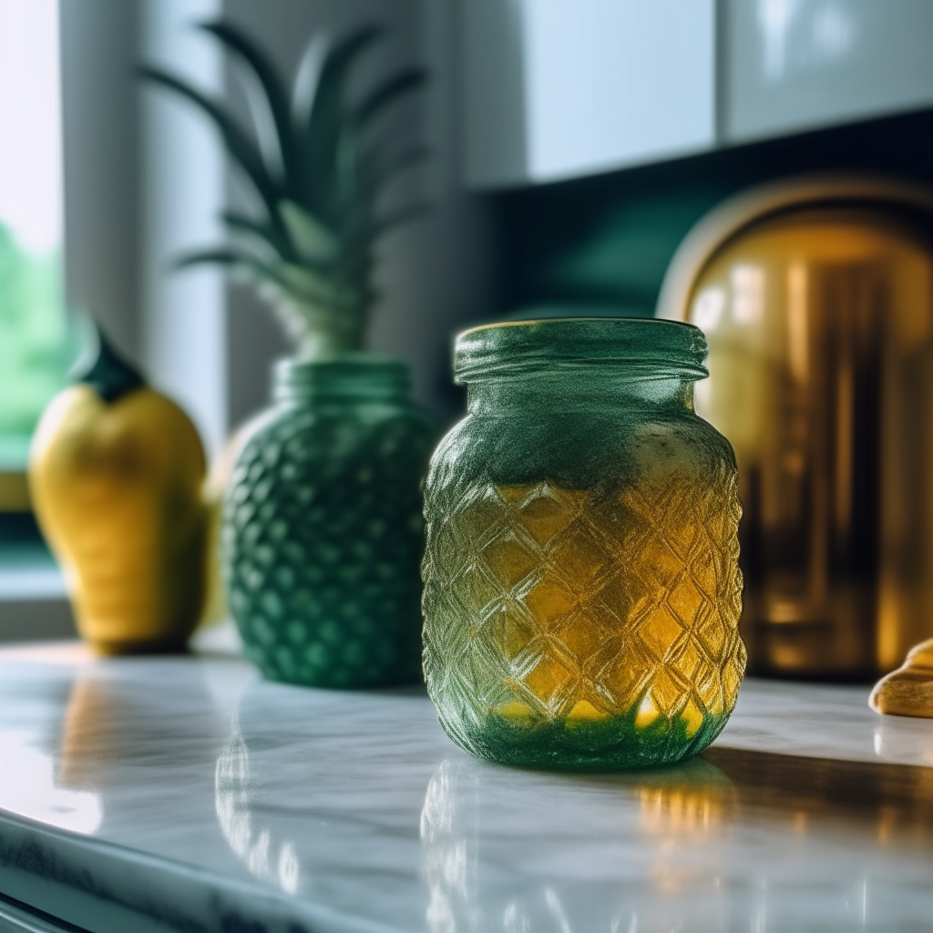 A close up view of Pineapple & Lime Marmalade jars on a marble countertop in a vintage teal kitchen. The jars shimmer under pendant lights, reflecting their golden contents. Adjacent is a sliced green lime and pineapples in the background. The scene is in sharp focus.