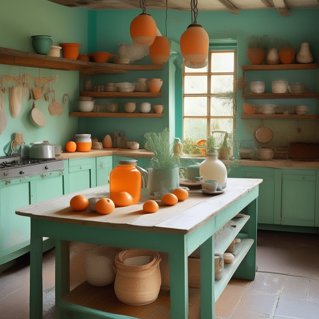 Imagine a cozy corner in a rustic, olive-green kitchen, complete with exposed wooden beams. A worn-out, pastel blue wooden table is strategically placed here. On it stands a proud collection of Tangerine & Mint Marmalade jars. Their radiant orange hue with specks of fresh green mint leaves is captivating. The translucent marmalade seems to dance and twirl as the subtle kitchen lights play on its surface. Adjacent to these jars, fresh tangerines with their textured skin are scattered about, right next to a dainty porcelain bowl brimming with fresh mint sprigs. The entire scene has in sharp focus.