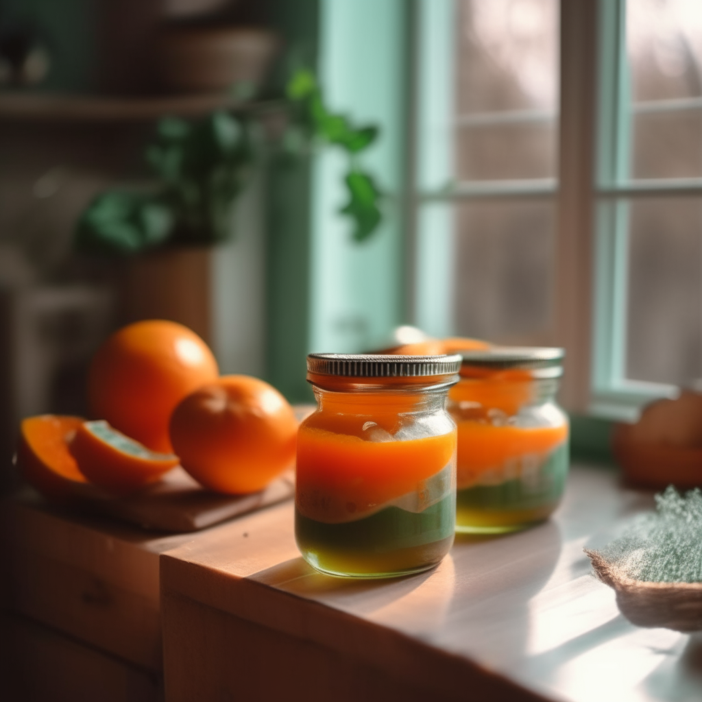 A close up view of Tangerine & Mint Marmalade jars on a wooden table in a cozy kitchen. The orange jars with specks of mint are in sharp focus under the kitchen lighting.