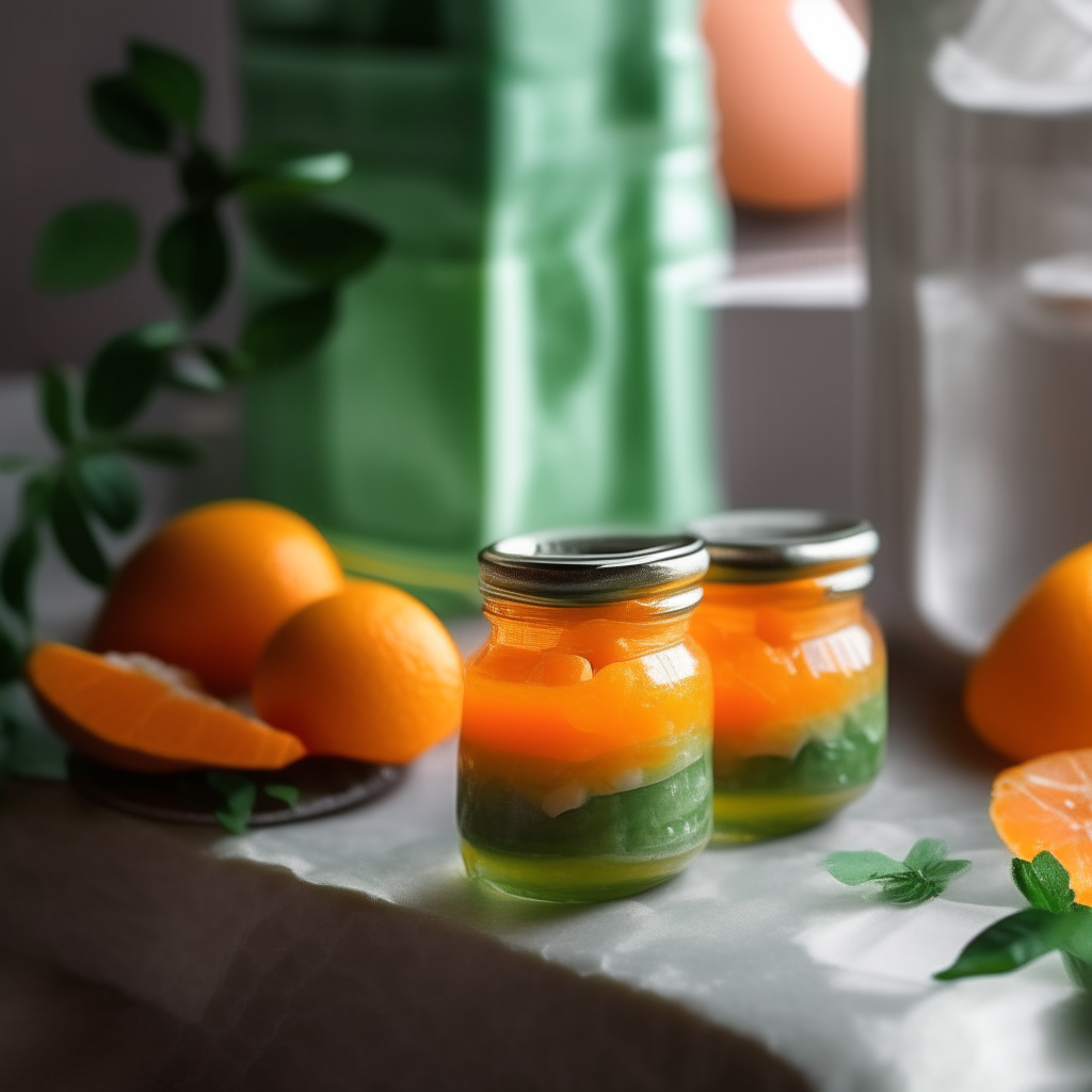 Close up view of tangerine and mint marmalade jars with the orange and green ingredients blended together