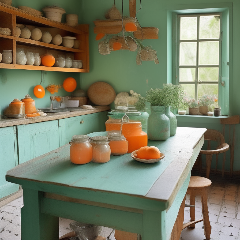 Imagine a cozy corner in a rustic, olive-green kitchen, complete with exposed wooden beams. A worn-out, pastel blue wooden table is strategically placed here. On it stands a proud collection of Tangerine & Mint Marmalade jars. Their radiant orange hue with specks of fresh green mint leaves is captivating. The translucent marmalade seems to dance and twirl as the subtle kitchen lights play on its surface. Adjacent to these jars, fresh tangerines with their textured skin are scattered about, right next to a dainty porcelain bowl brimming with fresh mint sprigs. The entire scene has a harmonious, homey vibe, as if you've just walked into your grandmother's kitchen, and she's about to share her secret marmalade recipe.