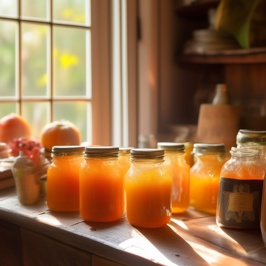 A row of glistening mango papaya jelly jars on a rustic wooden table in a cozy cottage kitchen. Soft morning light filters in through the floral curtains, illuminating the vibrant orange jelly inside each glass jar. The jars are filled to the brim, their gold lids screwed on tight. In the background, more jars line the antique shelves along with worn cookbooks and framed photos, adding to the homey feel.