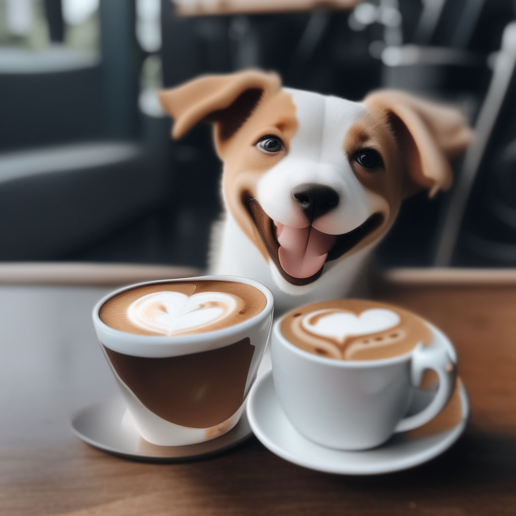 a happy puppy drinking a latte with heart-shaped foam art in a coffee cup on a table