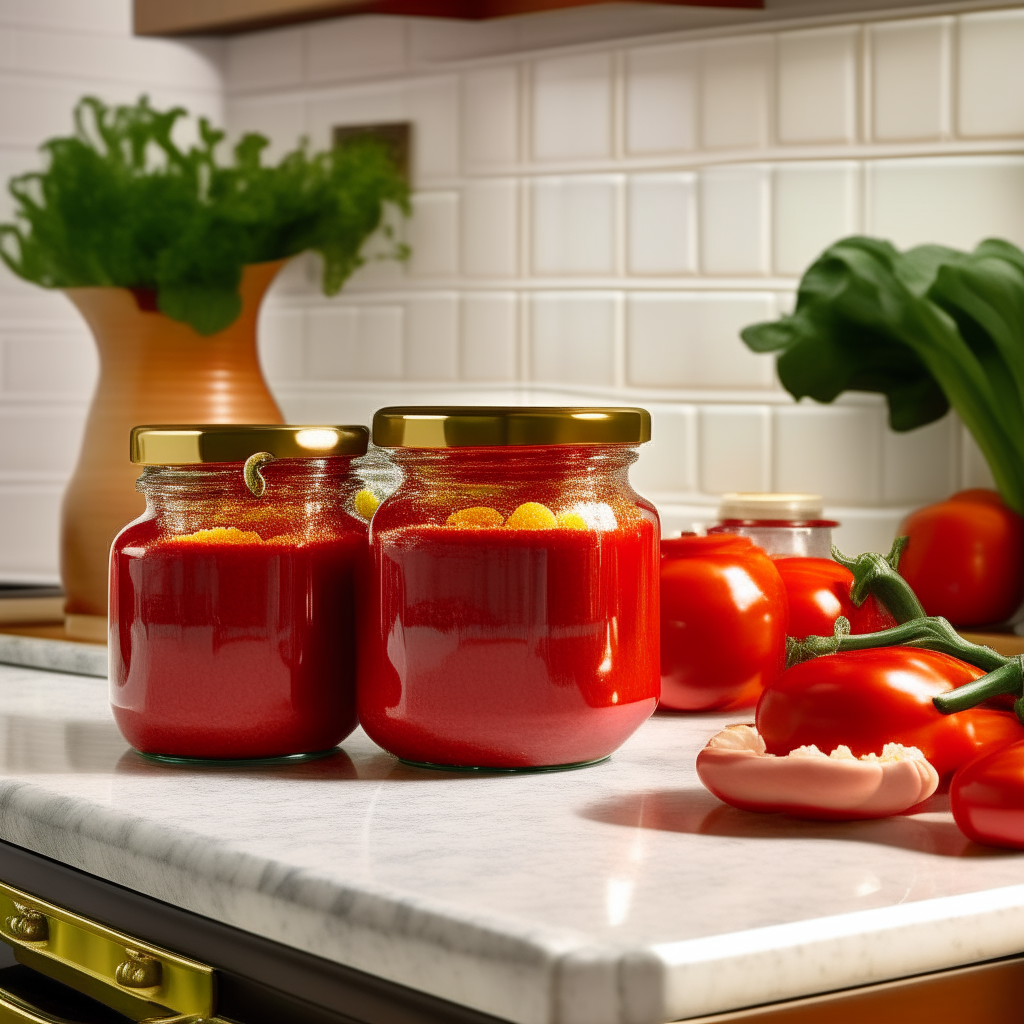 Golden hues of the Sweet 'n Spicy Red Pepper & Citrus Marmalade shimmer on a rustic kitchen island, the reflection caught by pristine white tiles. Placed beside a clay pot with a flourishing basil plant, the marmalade's vibrant red peppers and specks of citrus can be distinguished clearly in the jars, invoking the imagination of its zesty taste. The room is imbued with a serene, early morning ambiance, where the sun's first rays bounce off the polished chrome fixtures and dapple the surface of the marmalade, making it glow like a captured sunrise.