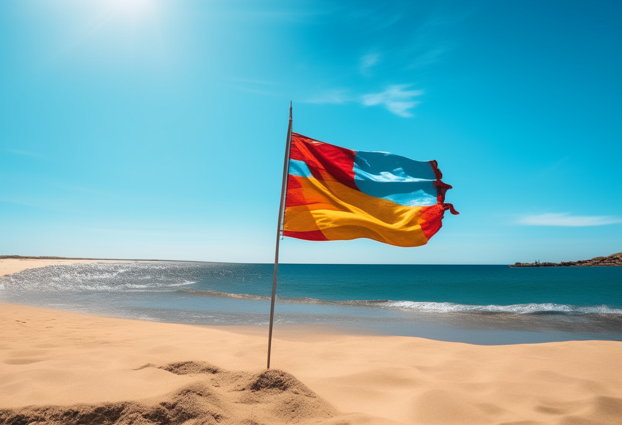 a Catalan flag waving in the breeze on a beach with white sand and blue ocean water in the background