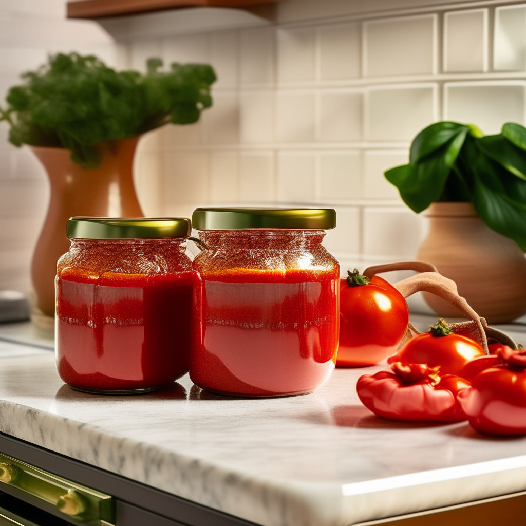 Golden hues of the Sweet 'n Spicy Red Pepper Marmalade shimmer on a rustic kitchen island, the reflection caught by pristine white tiles. Placed beside a clay pot with a flourishing basil plant, the marmalade's vibrant red peppers can be distinguished clearly in the jars, invoking the imagination of its zesty taste. The room is imbued with a serene, early morning ambiance, where the sun's first rays bounce off the polished chrome fixtures and dapple the surface of the marmalade, making it glow like a captured sunrise.