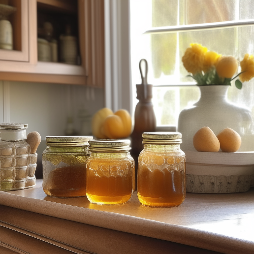 Honey & Lemon Marmalade jars nestled amidst a rustic farmhouse kitchen setup. The amber hue of the marmalade contrasts beautifully against a pale blue tiled backsplash. The jars sit atop an aged oak counter, reflecting the marmalade's shimmering texture. To their right, a pot of freshly brewed tea sends up wisps of steam, complementing the marmalade's inviting warmth. In the background, an open kitchen window reveals a garden in bloom, its breeze gently swaying a white lace curtain into the room, adding to the charm of this heartwarming scene.