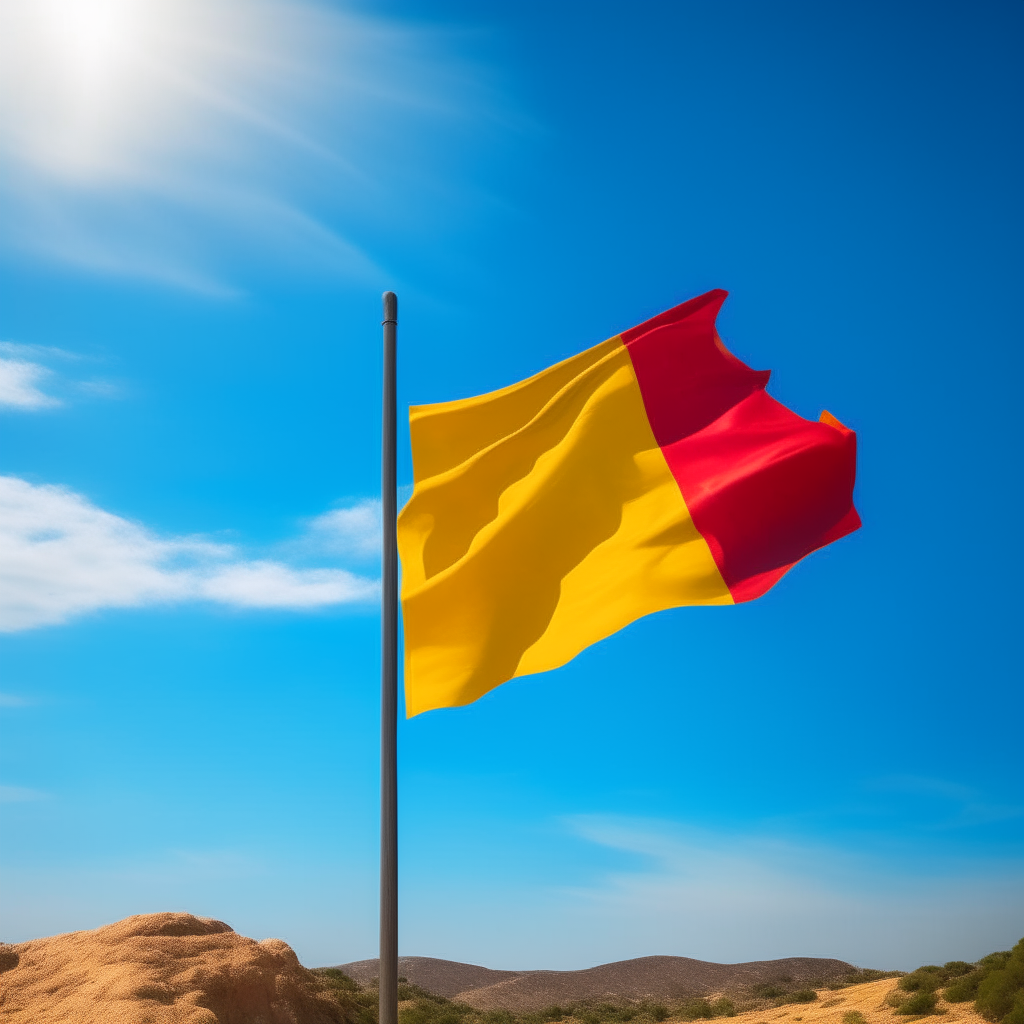 the Catalan flag from previous images waving proudly on a hilltop under a clear blue sky