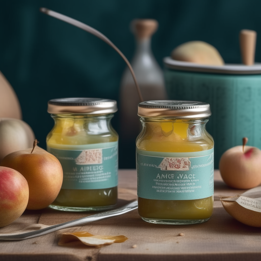 Two glistening jars of Apple & Ginger Marmalade are nestled on a distressed teal kitchen island. Their labels, vintage with elegant cursive, face outward. A hint of the amber-colored marmalade peeks through the glass, capturing the essence of fall. Surrounding them are fresh apple slices, a knob of ginger, and a rustic wooden spoon drizzled with marmalade. Above, a pendant light casts a soft, warm glow, making the golden spread shimmer and tempting you to take a bite.