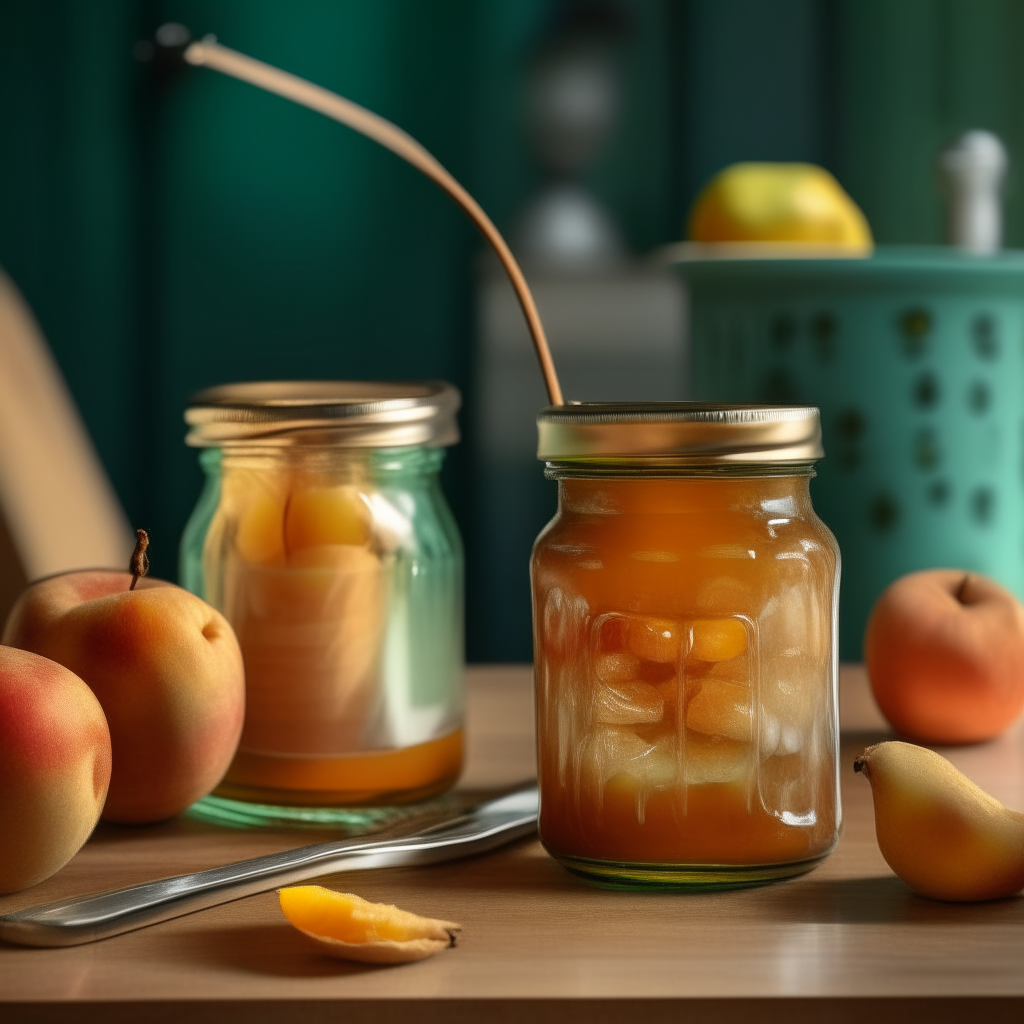 Two glistening jars of amber-colored Apple & Ginger Marmalade nestled on a distressed teal kitchen island, surrounded by fresh apple slices, ginger, and a wooden spoon drizzled with marmalade. Above, a pendant light casts a soft glow on the marmalade.