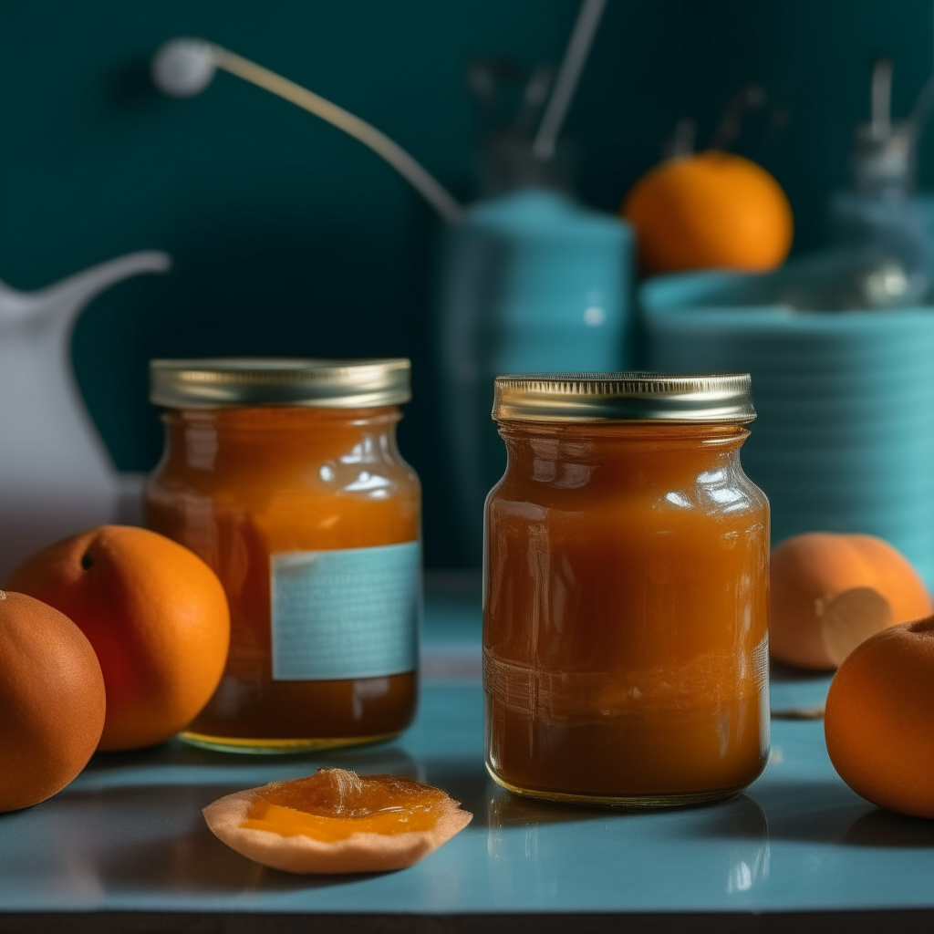 Two jars filled with amber Apple & Ginger Marmalade, the apple and ginger ingredients mixed together evenly into a uniform orange color. The jars sit on a distressed teal kitchen island under soft lighting.