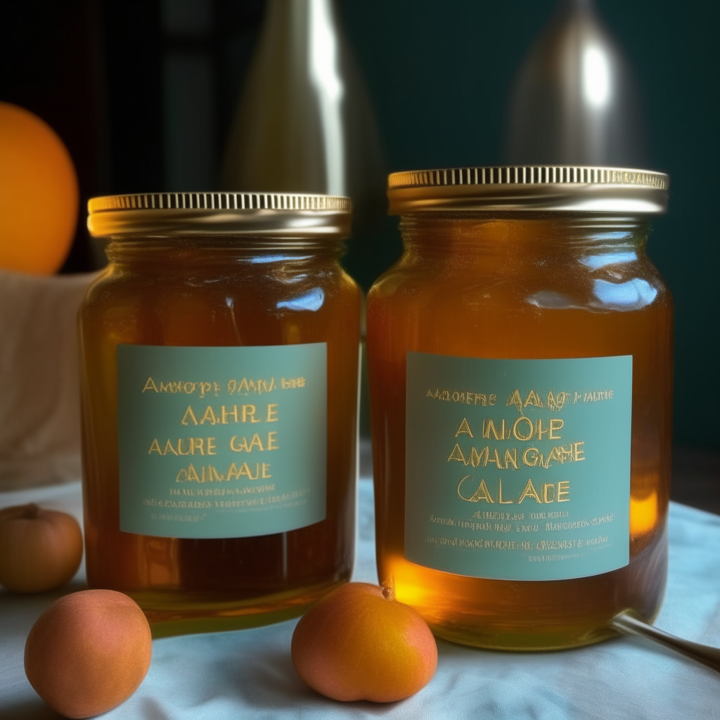 Two jars filled with amber Apple & Ginger Marmalade, the apple and ginger ingredients mixed together evenly into a uniform orange color. The label-less jars sit next to each other on a distressed teal kitchen island under soft lighting.