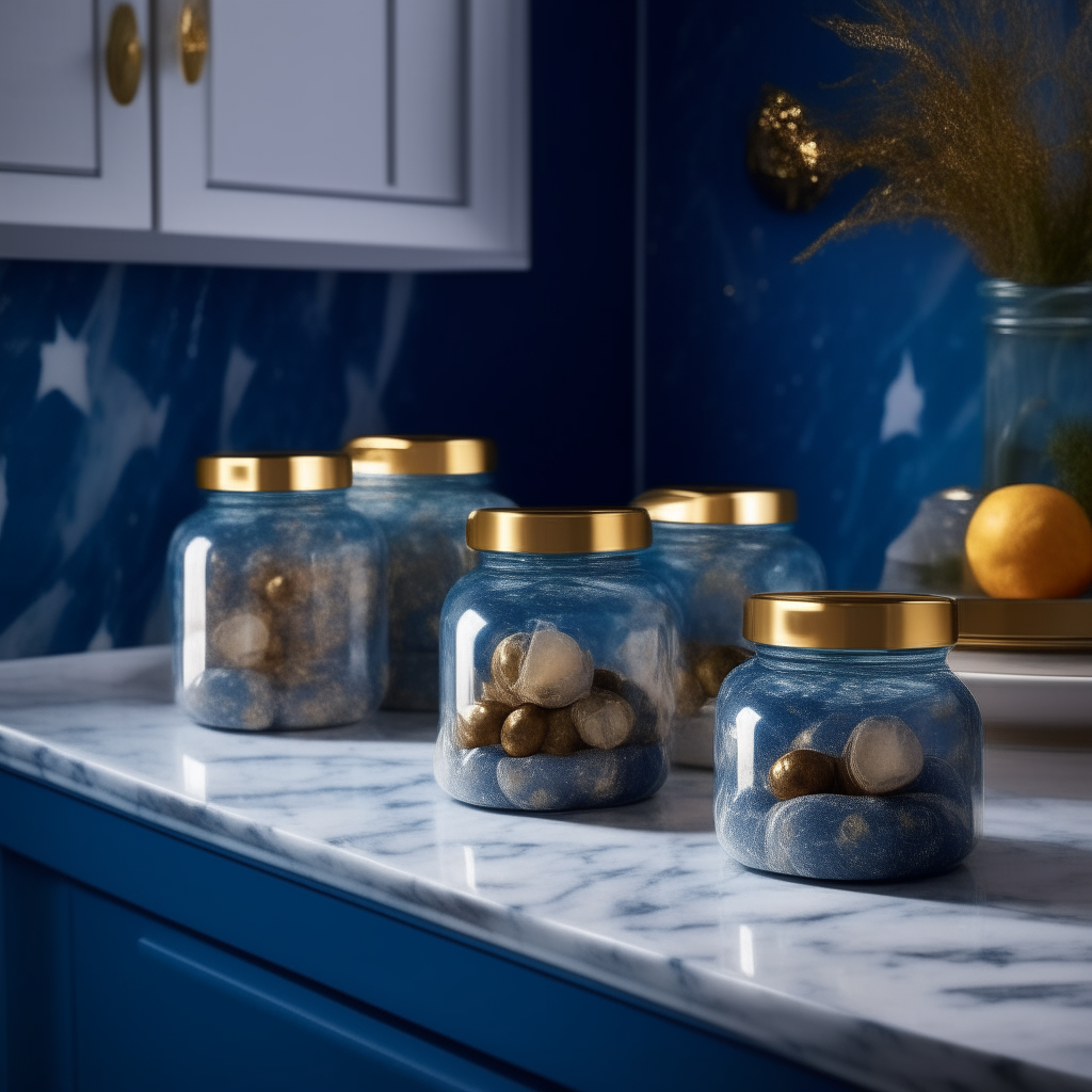 Pear & Star Anise Preserve jars, shimmering like evening stars, are placed on a sleek marble countertop of a modern blue-hued kitchen. The golden-hued preserve showcases tiny star anise floating amidst succulent pear slices. The ambient room lighting causes the silver lids to reflect the gentle glow from muted pendant lights above. The jars stand on the countertop, inviting tasting.