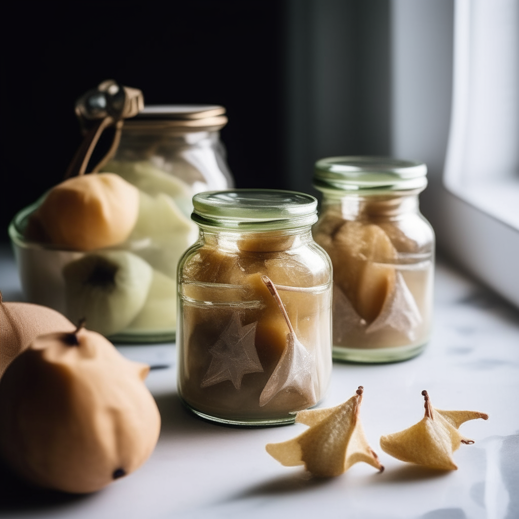 Pear & Star Anise Preserve jars on a white marble countertop, filled with chunks of pear and whole star anise, soft studio lighting creates bright highlights and shadows