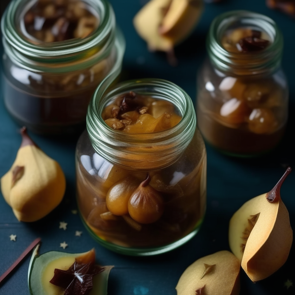 Top down view of opened Pear & Star Anise Preserve jars, filled with chunks of pear and whole star anise, shallow depth of field blurs background