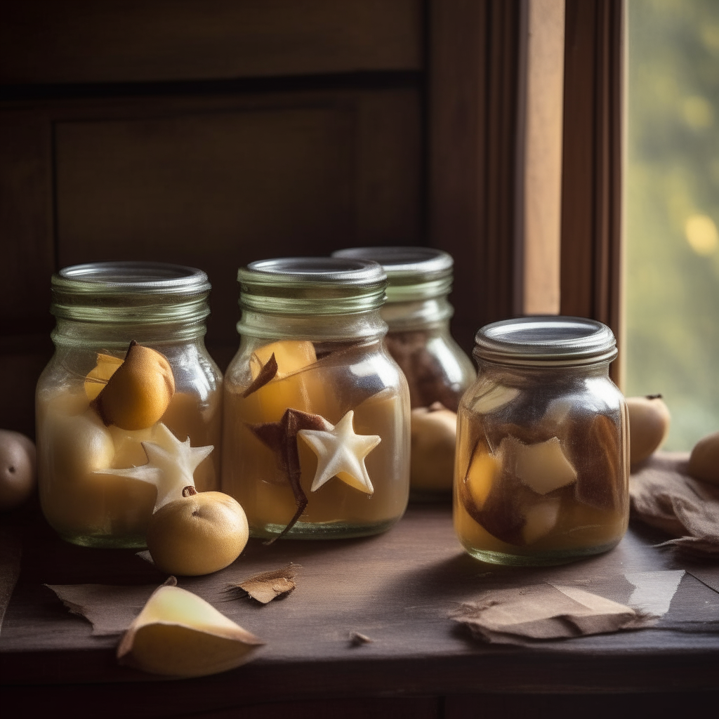 Pear & Star Anise Preserve jars on a rustic wooden table, filled with chunks of pear and whole star anise, soft natural lighting from a nearby window