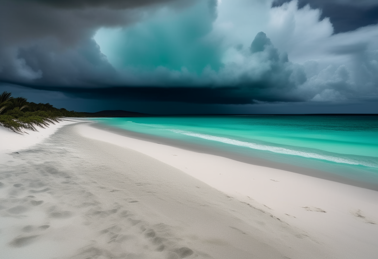 A beach with white sand stretching into turquoise waters under dark stormy clouds