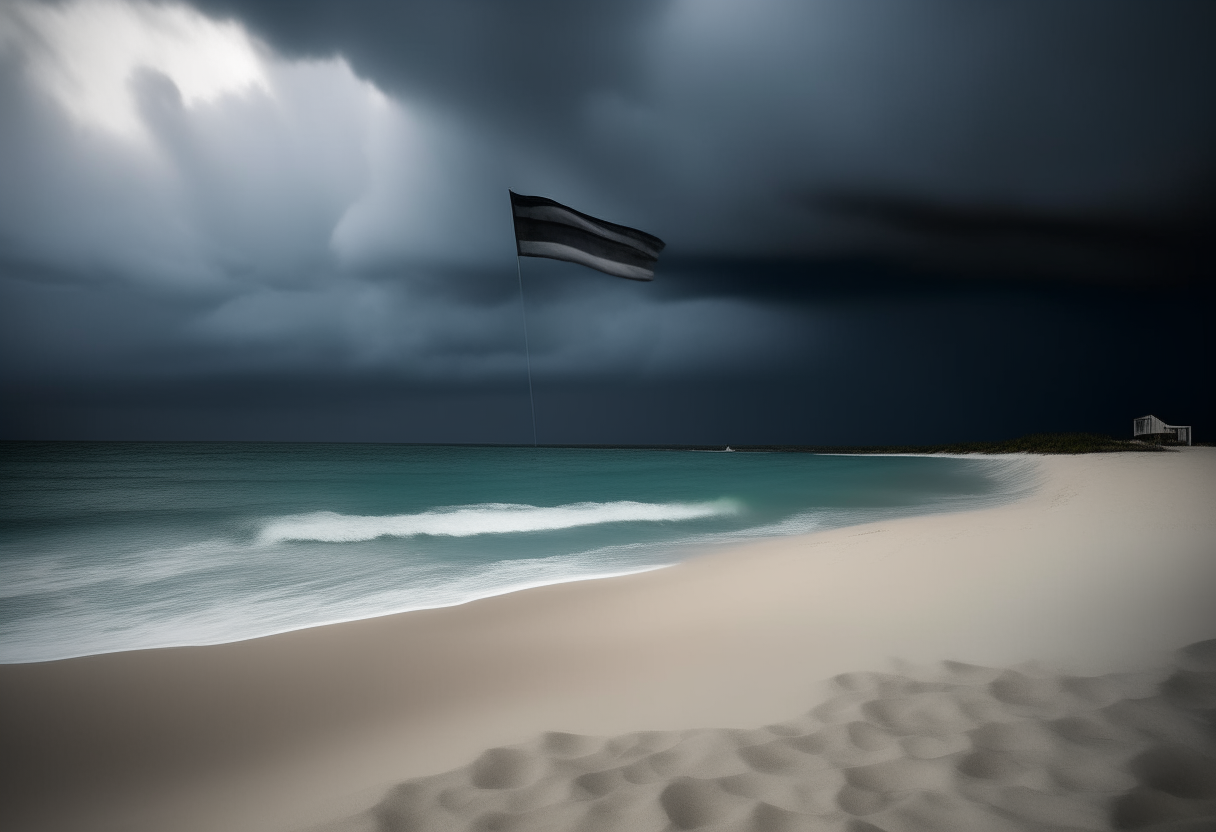 The flag from image 7 waving on the beach from image 9 under dark stormy clouds