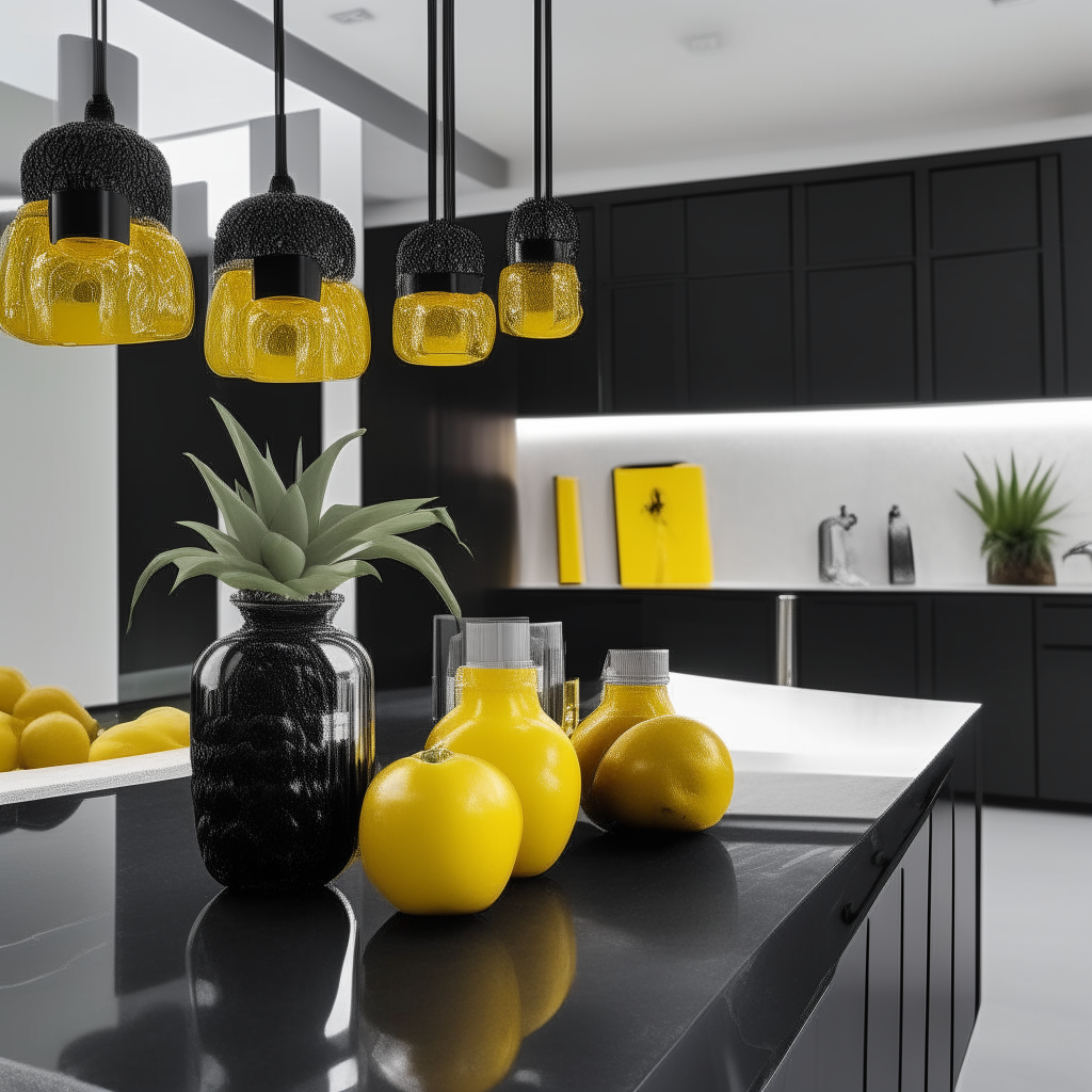 Amidst a modern monochrome kitchen with glossy black countertops, two vibrantly filled jars contain Pineapple & Mango Preserve, their tropical hues rivaling the summer's brightest shades. The jars gleam, mirroring the ambient yellow pendant lights dangling above.