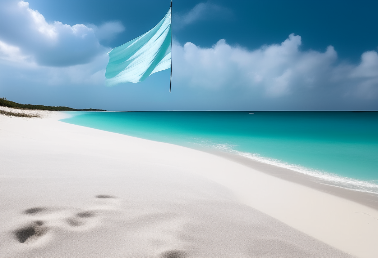 The flag from image 7 waving in the breeze on a beach with white sand under a blue sky