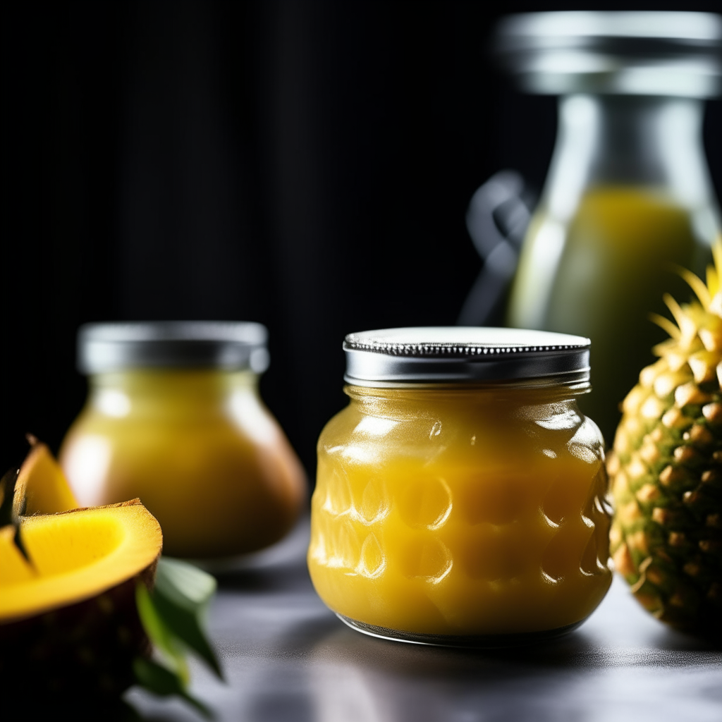 Two jars filled with golden pineapple and mango preserve, soft studio lighting, shallow depth of field