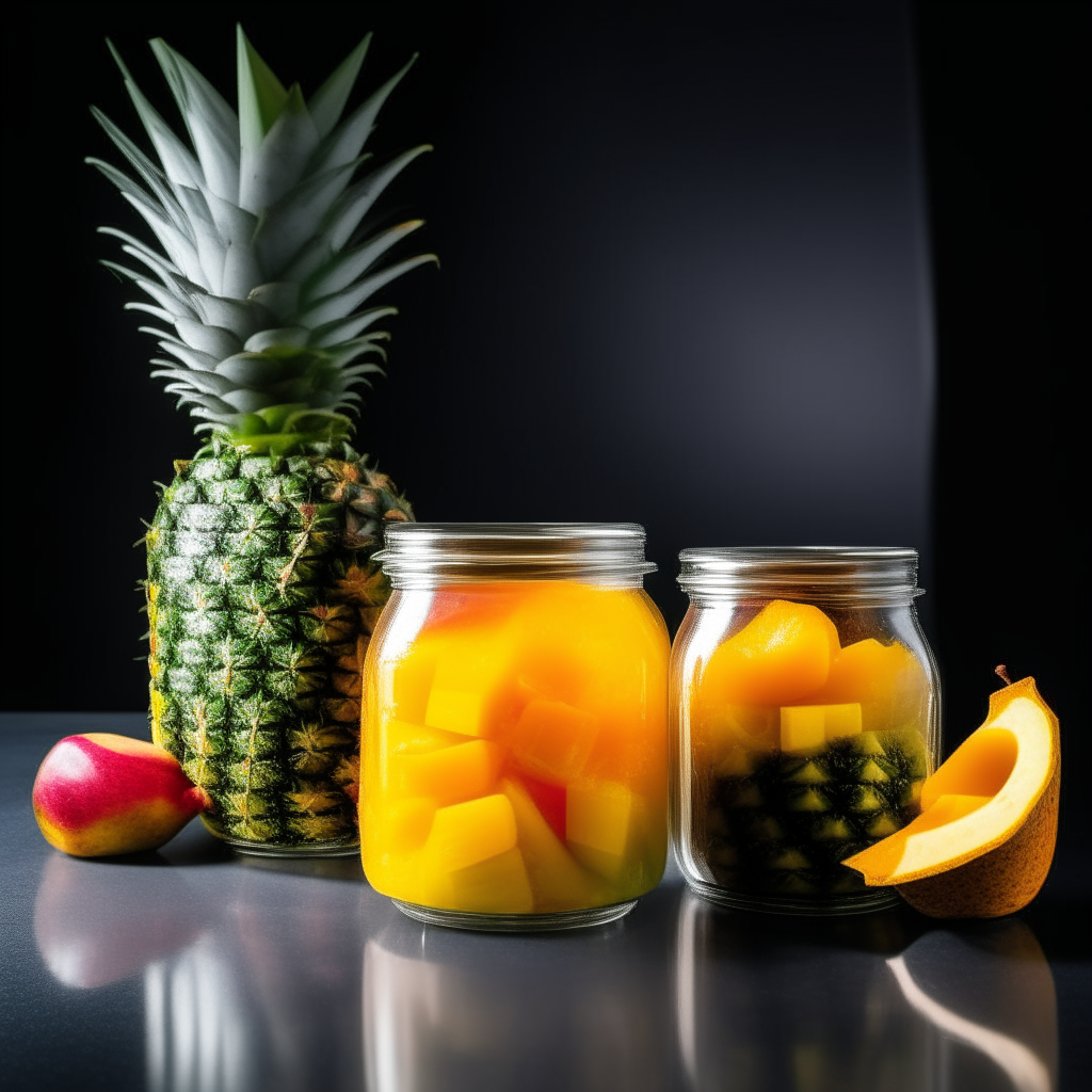 Pineapple & Mango Preserve jars on a black countertop, filled with tropical fruit, studio lighting creates bright highlights