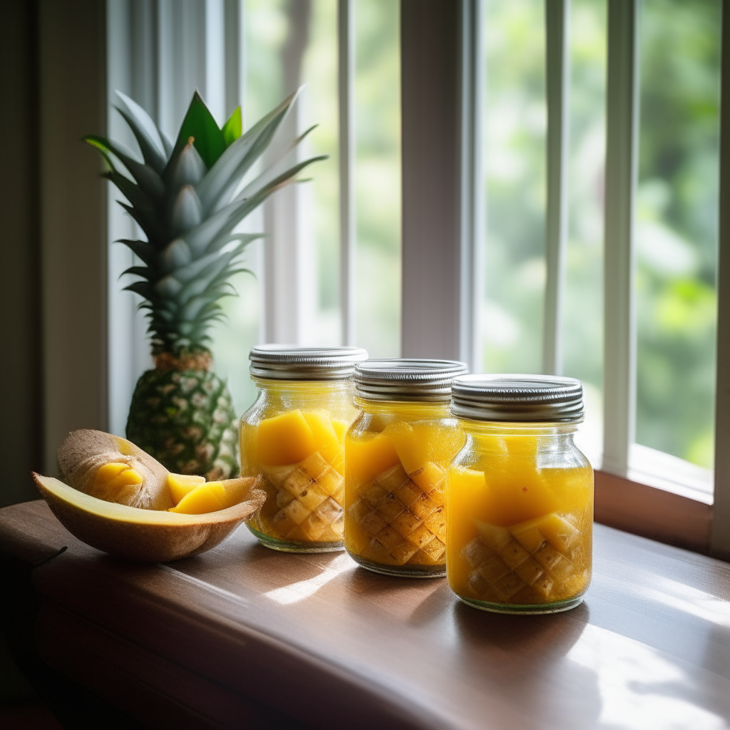 Pineapple & Mango Preserve jars on a rustic wooden table, filled with pineapple and mango chunks, natural lighting from a nearby window