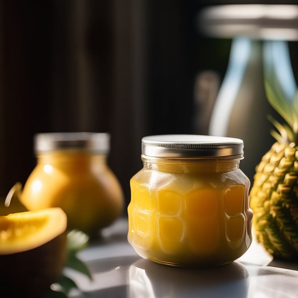 Two jars filled with golden pineapple and mango preserve sitting on the kitchen counter in an open plan kitchen with sunlight streaming in through the windows. Shallow depth of field blurs background.