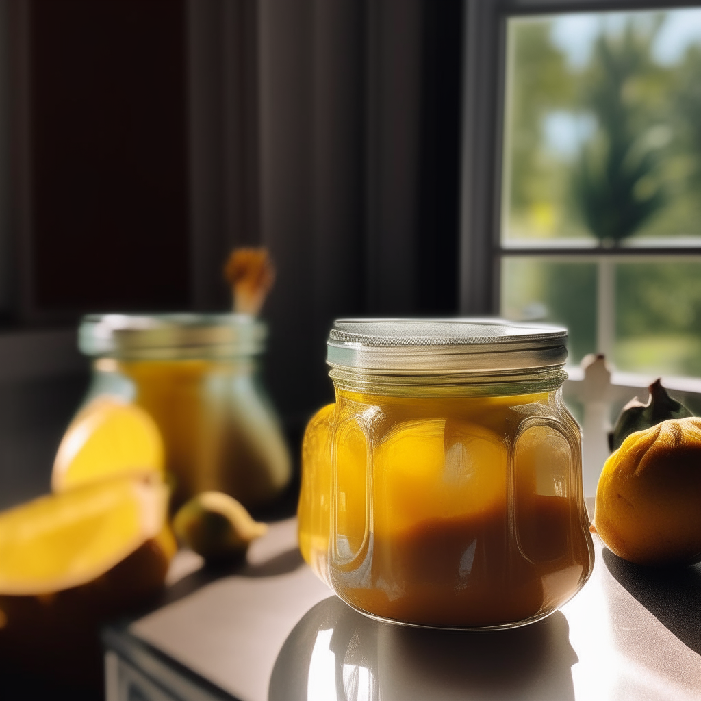 Two rounded glass jars filled with golden pineapple and mango preserve sitting on the kitchen counter in an open plan kitchen with sunlight streaming in through the windows.