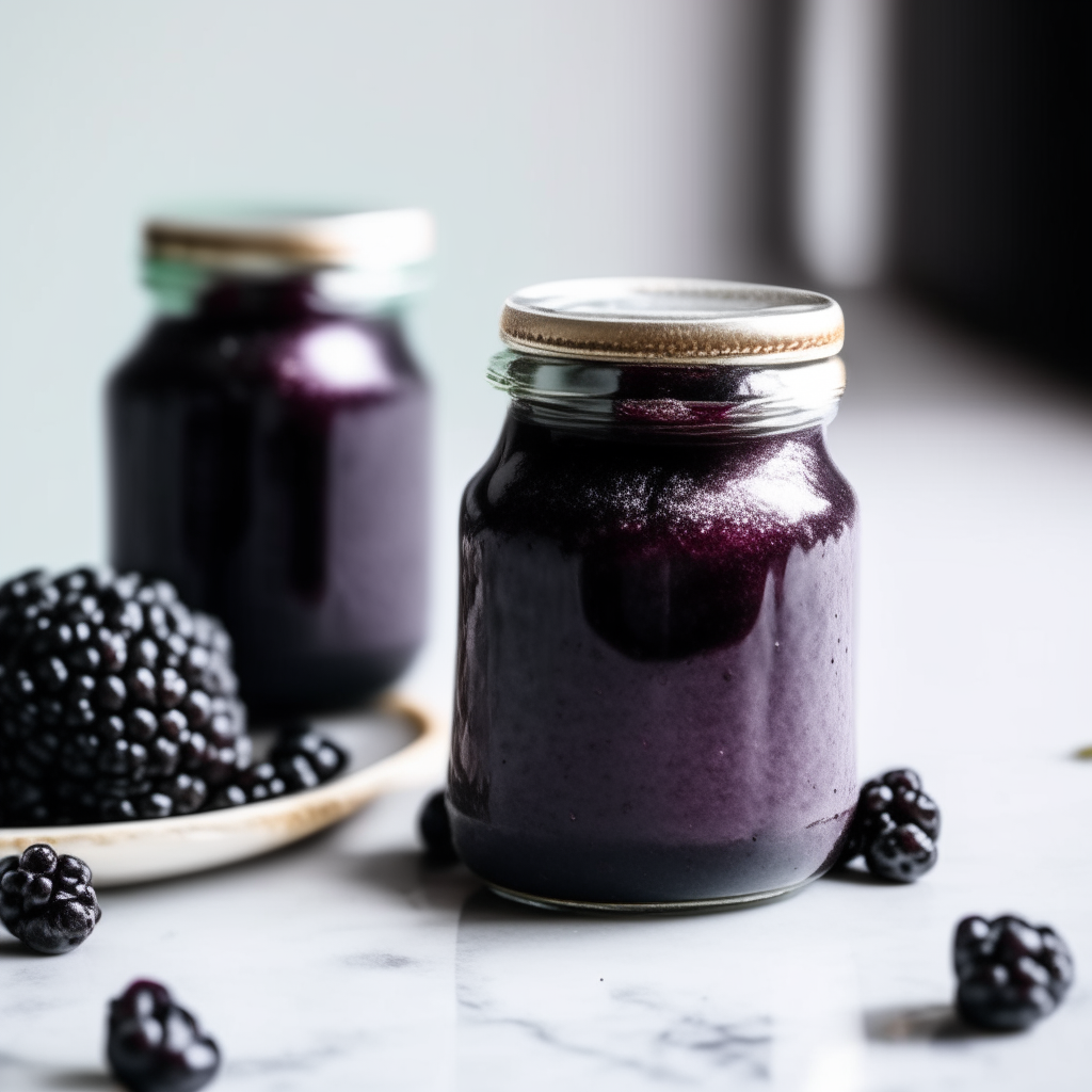 Two shimmering jars of Blackberry & Chia Preserve on a rustic marble counter. The deep purple preserve with chia seeds inside the jars contrasts against the white marble. Bright studio lighting shows the preserve clearly. The image is in razor sharp focus.