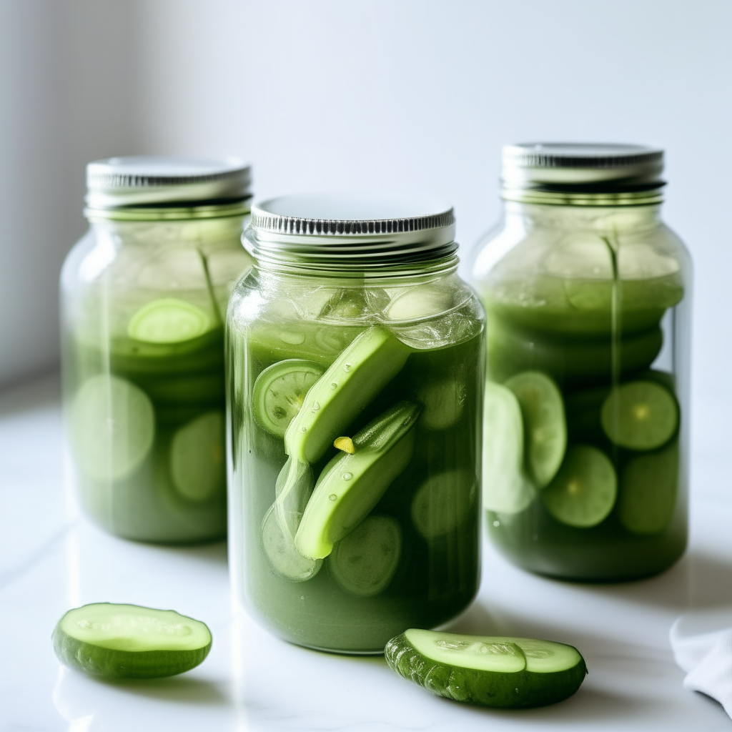 Three jars of dill cucumber pickles on a white marble countertop, filled with cucumbers, dill, garlic and brine, soft studio lighting creates bright highlights and shows the contents clearly in focus