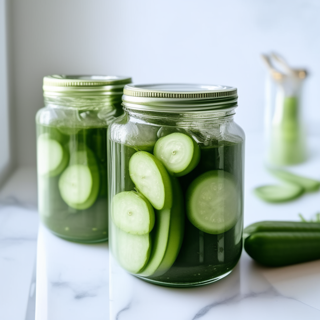 Three jars of dill cucumber pickles on a white marble countertop, filled with cucumbers, dill, garlic and brine, soft studio lighting creates bright highlights and shows the contents clearly in focus