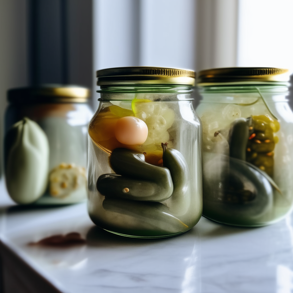 Three jars of garlic and jalapeño pickles on a marble countertop, filled with jalapeños, garlic and brine, soft studio lighting creates bright highlights and shows the contents clearly in focus