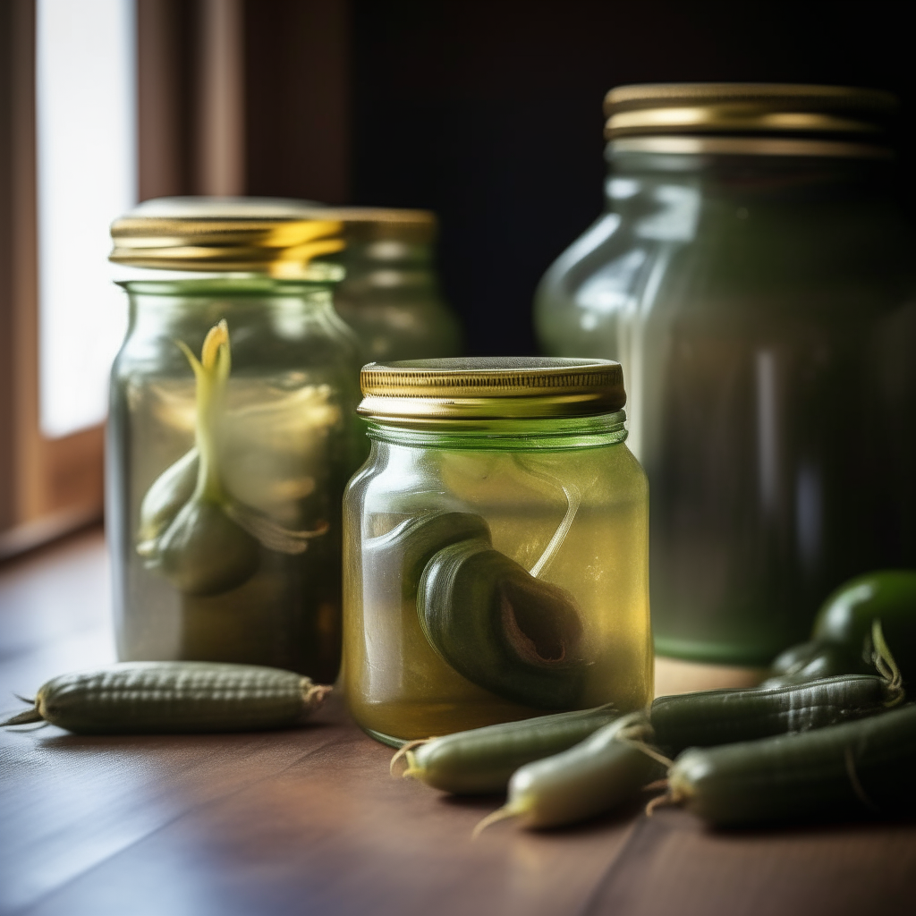 Three jars of garlic and jalapeño pickles on a wooden table, filled with jalapeños, garlic and brine, soft studio lighting creates bright highlights and shows the contents clearly in focus