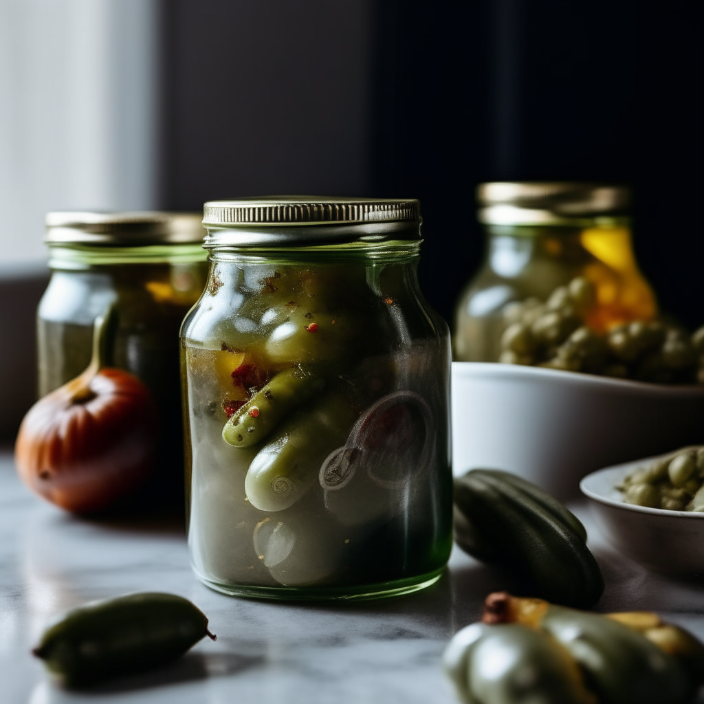 Three jars of garlic and jalapeño pickles on a granite countertop, filled with jalapeños, garlic and brine, soft studio lighting creates bright highlights and shows the contents clearly in focus