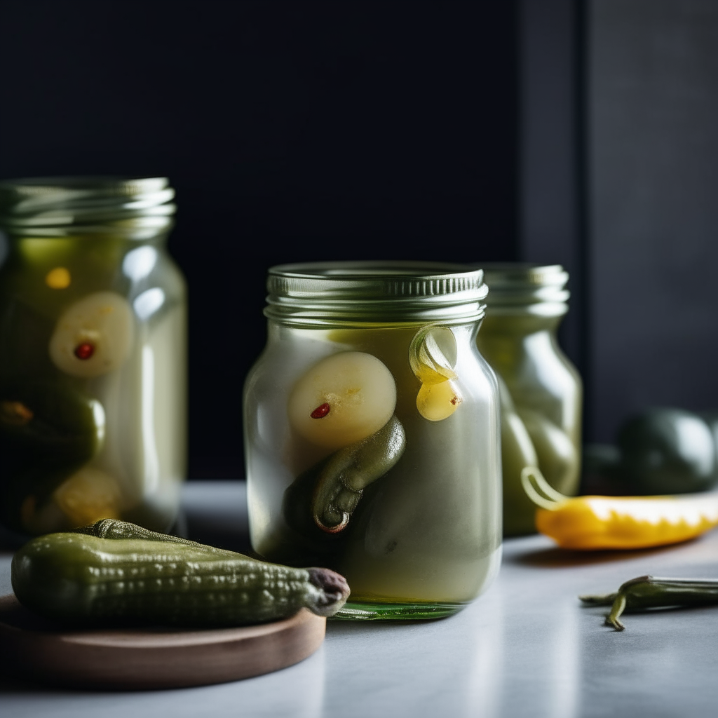 Three jars of garlic and jalapeño pickles on a concrete tabletop, filled with jalapeños, garlic and brine, soft studio lighting creates bright highlights and shows the contents clearly in focus